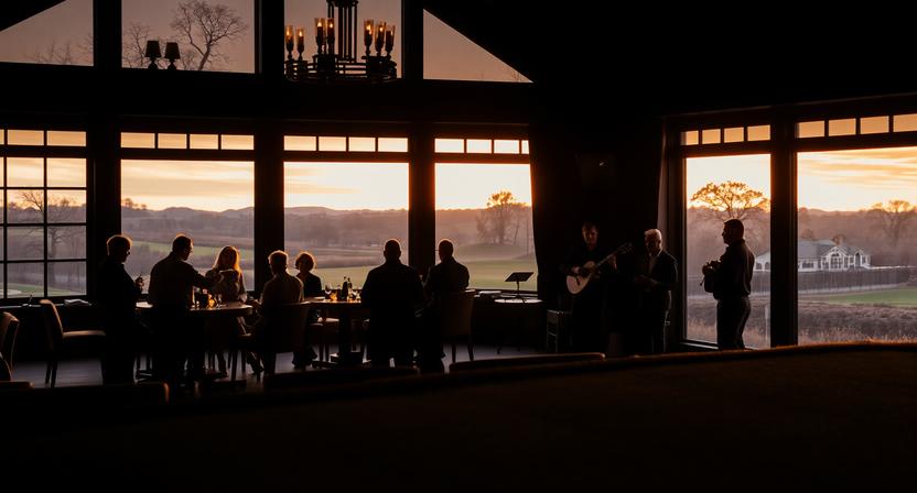 Irish folk musicians performing at a golf clubhouse event